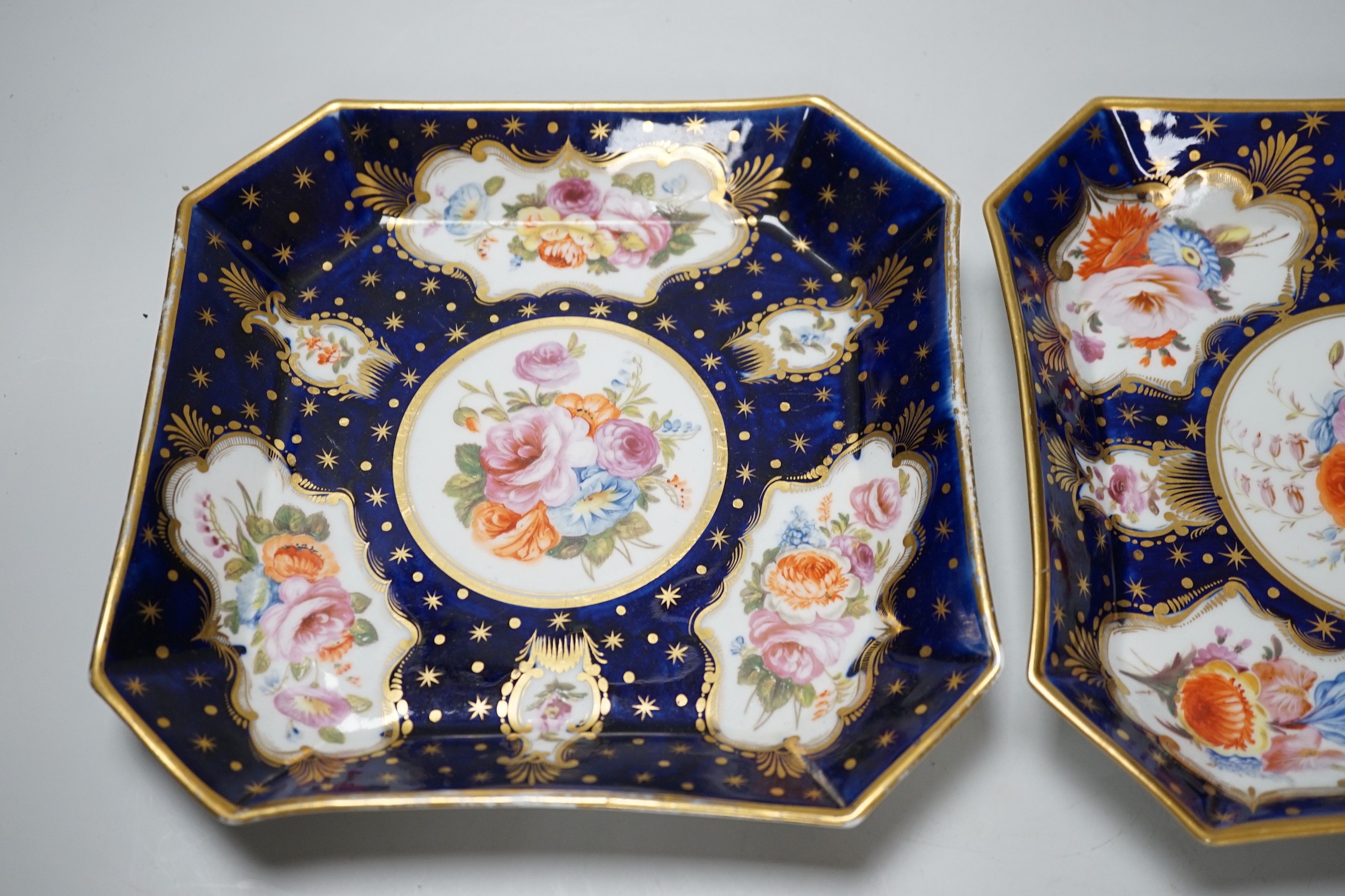 A pair of Coalport blue-ground dessert dishes, c.1815-20, with floral panelled decoration